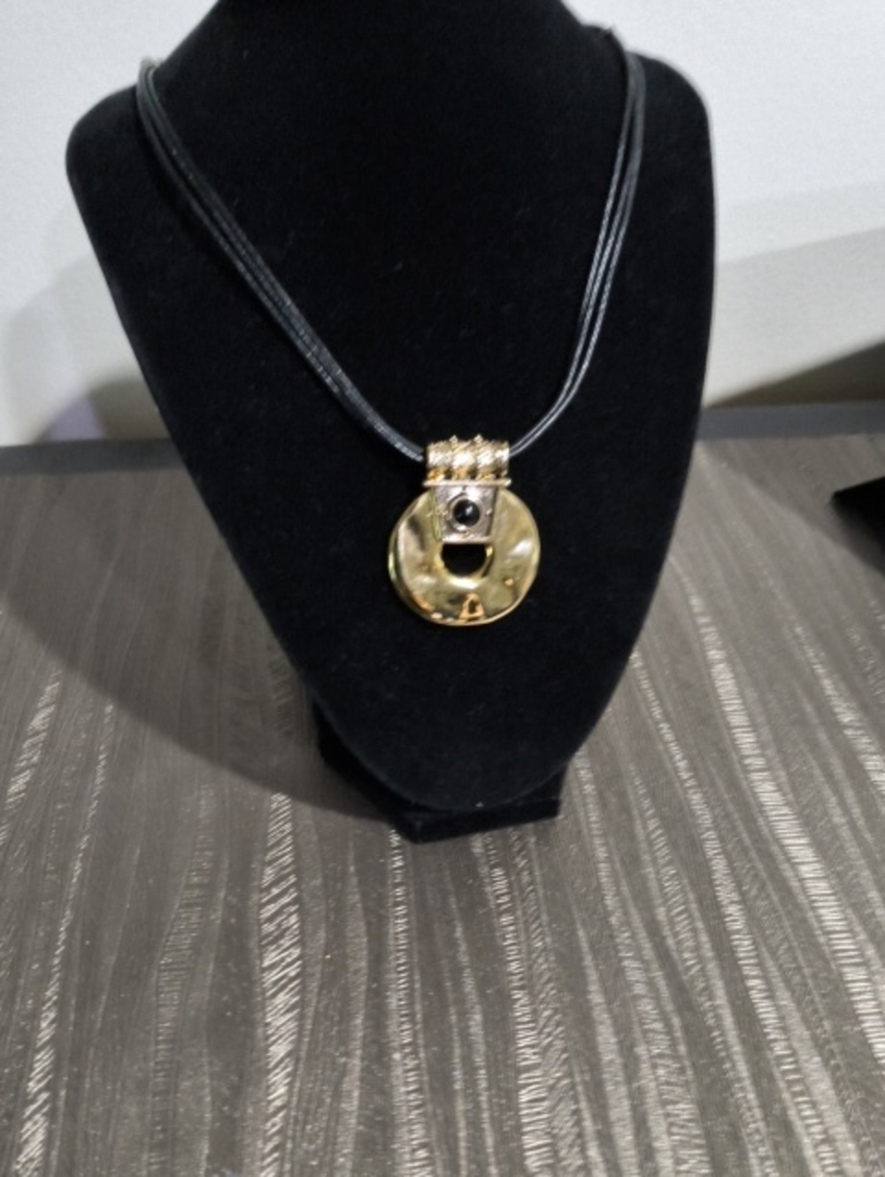 Chico's Gold Disc Pendant Necklace with Black Cord